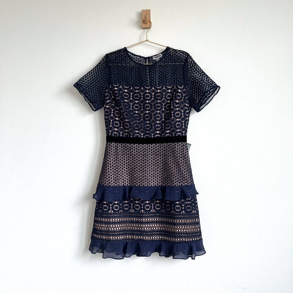 Chelsea28 Velveteen Belted Lace Sheath Dress in Navy Blue - NWT - Size M